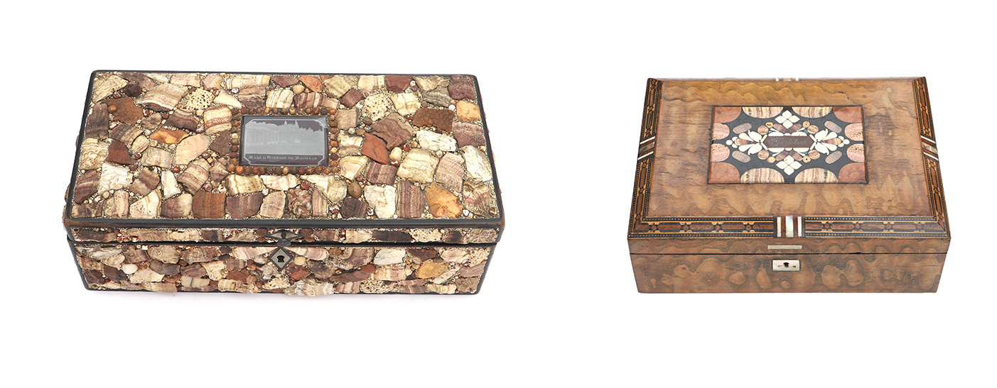 Krabička s neopracovaným vřídlovcem / Dřevěná krabička vykládaná leštěným vřídlovcem