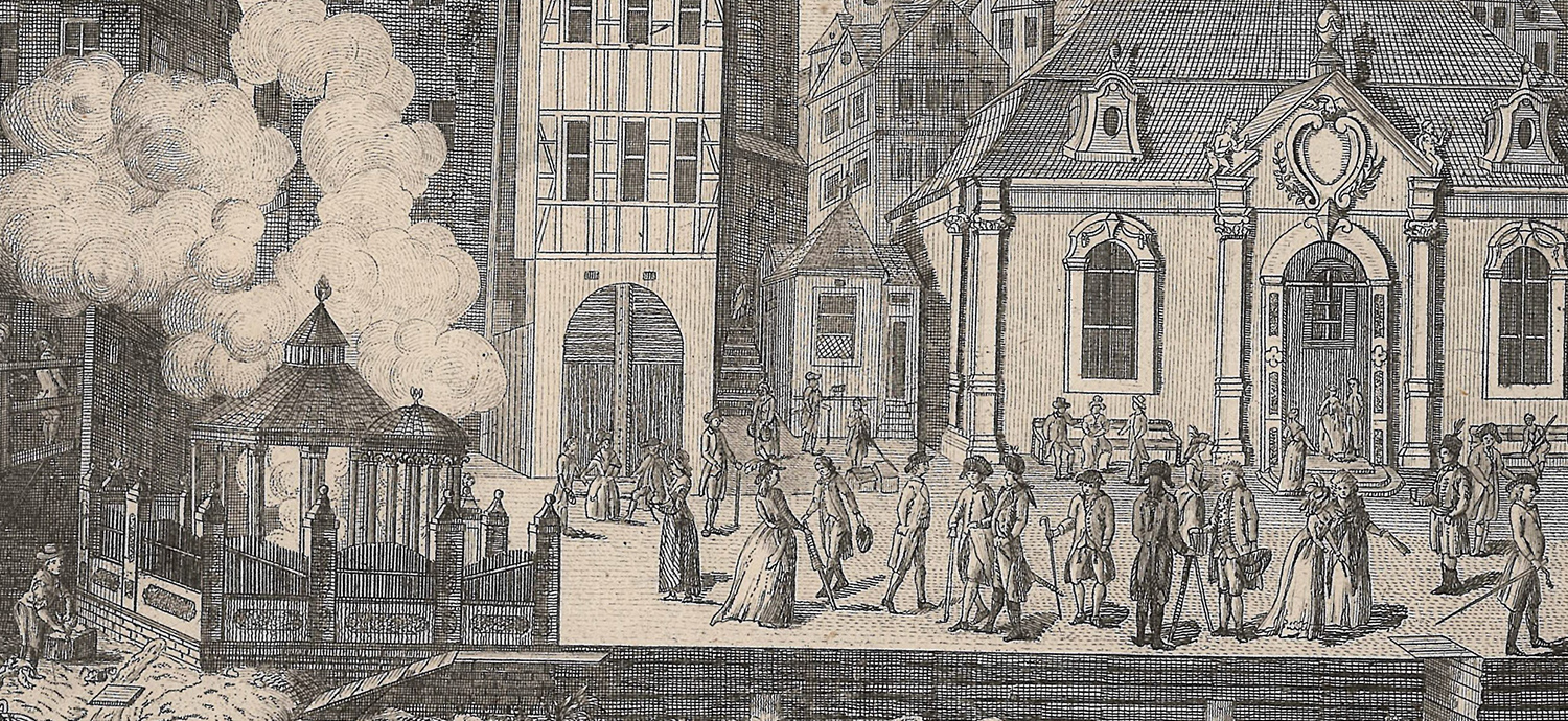 Vřídlo a Vřídelní sál (vpravo) v Karlových Varech kolem roku 1790